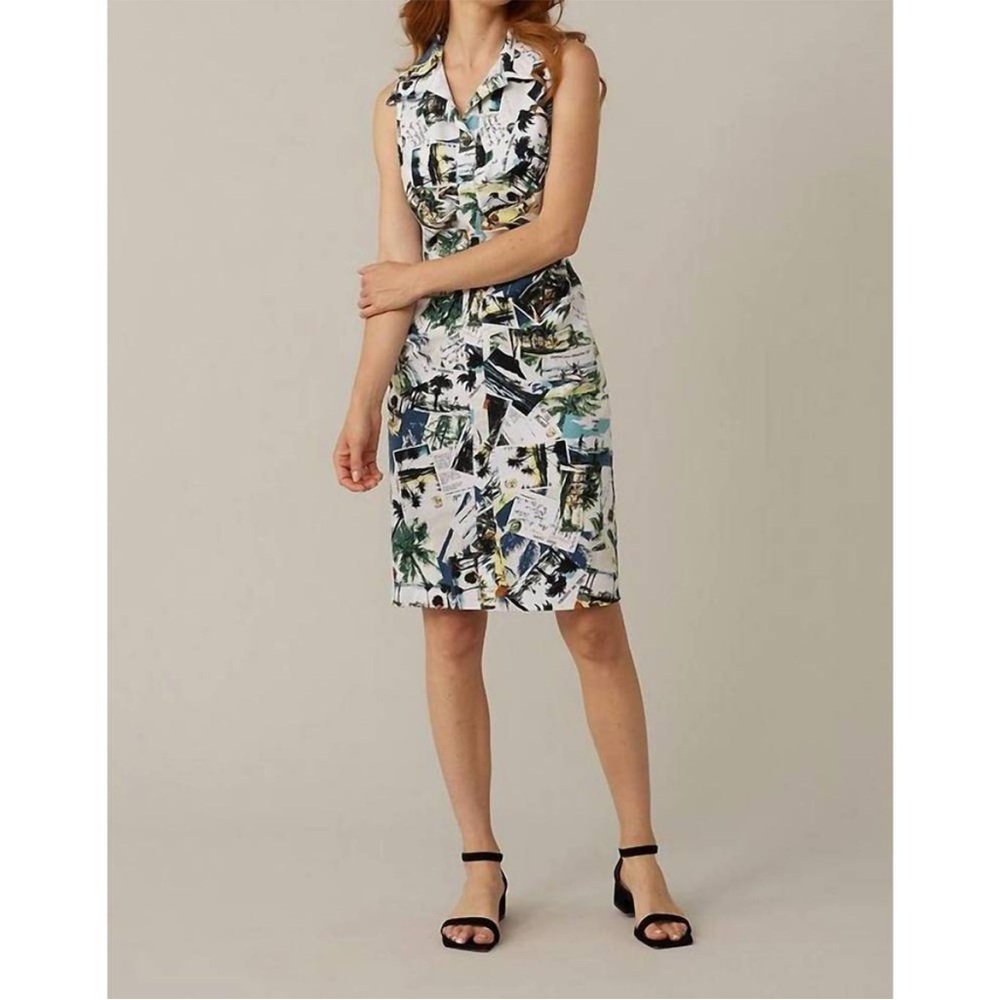 JOSEPH RIBKOFF Sleeveless Printed Postcard Collared Rushed Dress Size 14